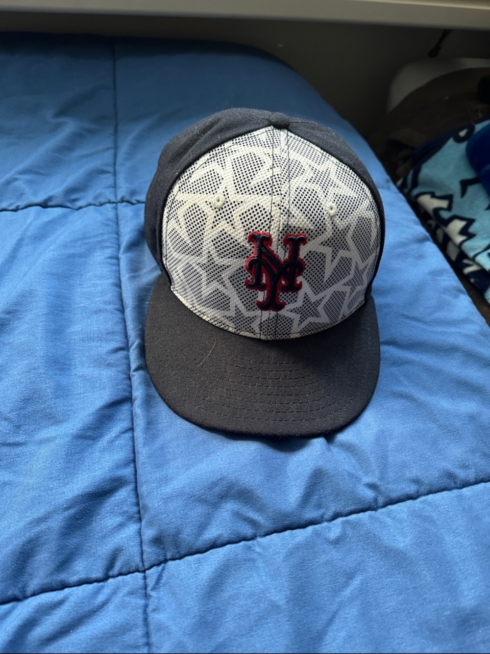 Navy and Gray Star-Pattern Baseball Cap with Red Logo